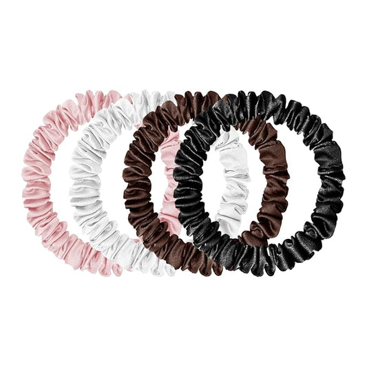 Mulberry Silk Scrunchies, 4 Pack - 100% Silk Hair Ties for Women and Girls, No Damage Hair Scrunchies, for Frizz & Breakage Curly Hair Elastics, Pink/Brown
