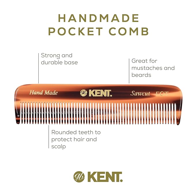 Kent A FOT Tortoiseshell Fine Tooth Handmade Pocket Comb for Men, Women and Kids, Hair Comb Straightener for Grooming and Styling, Beard and Mustache, Saw Cut and Hand Polished, Made in England