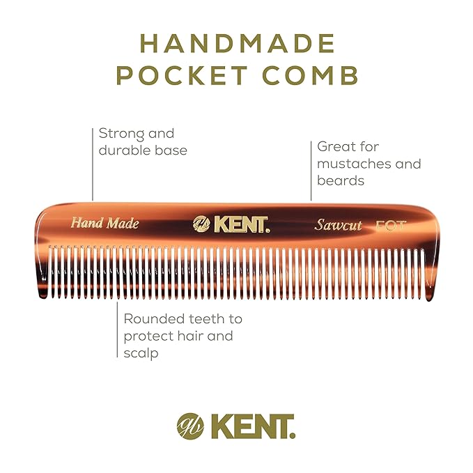 Kent FOT Handmade Fine Tooth Saw Cut Beard and Hair Comb - Pocket Travel Styling Comb for Fine or Thinning Hair, Beard Care Essential Kit