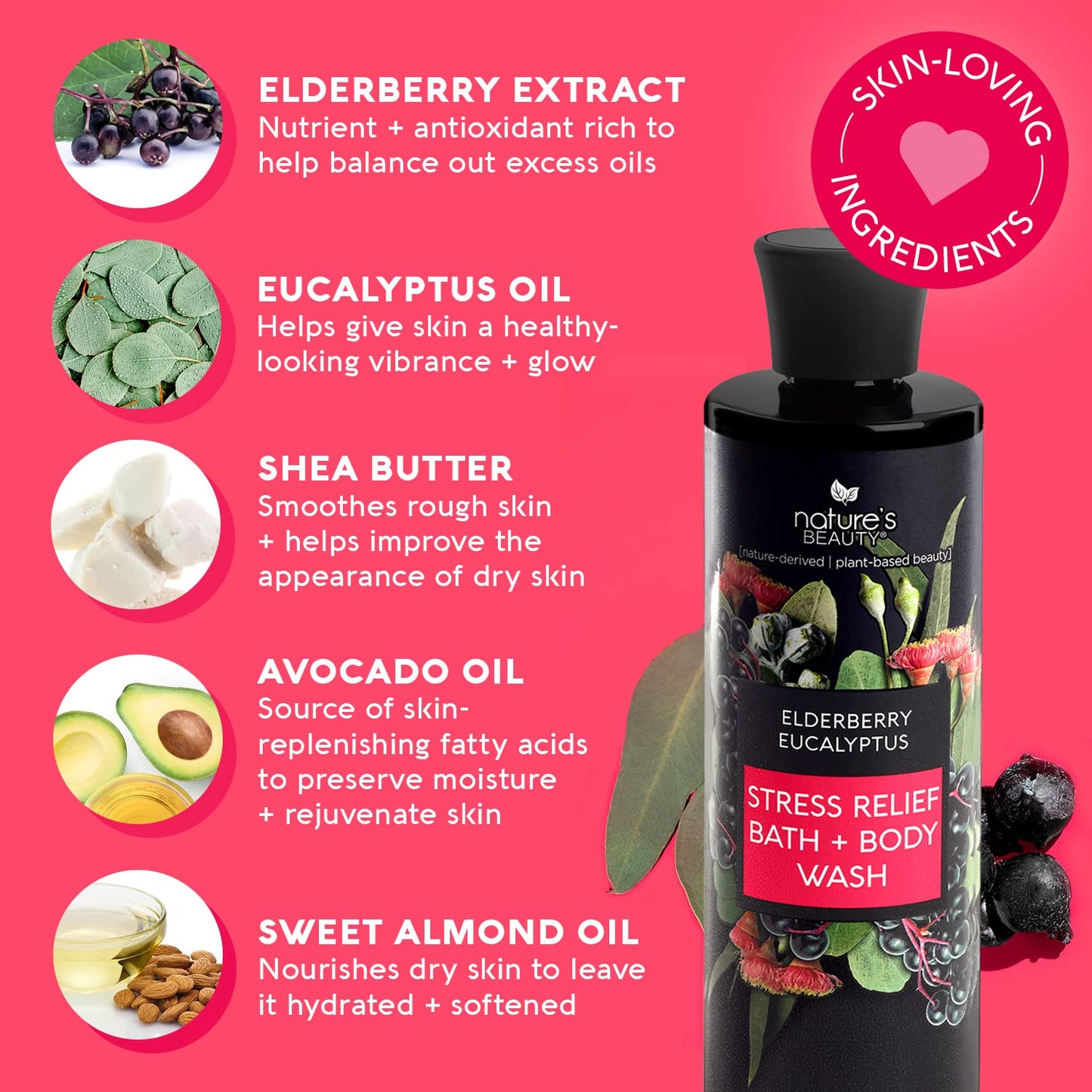 Nature's Beauty Elderberry Eucalyptus Stress Relief Body Wash Multi-Pack - Gentle Bath + Body Cleanser, Restore Skin Made w/Shea Butter, Avocado Oil, and Sweet Almond Oil, 12 fl oz (2 Pack)