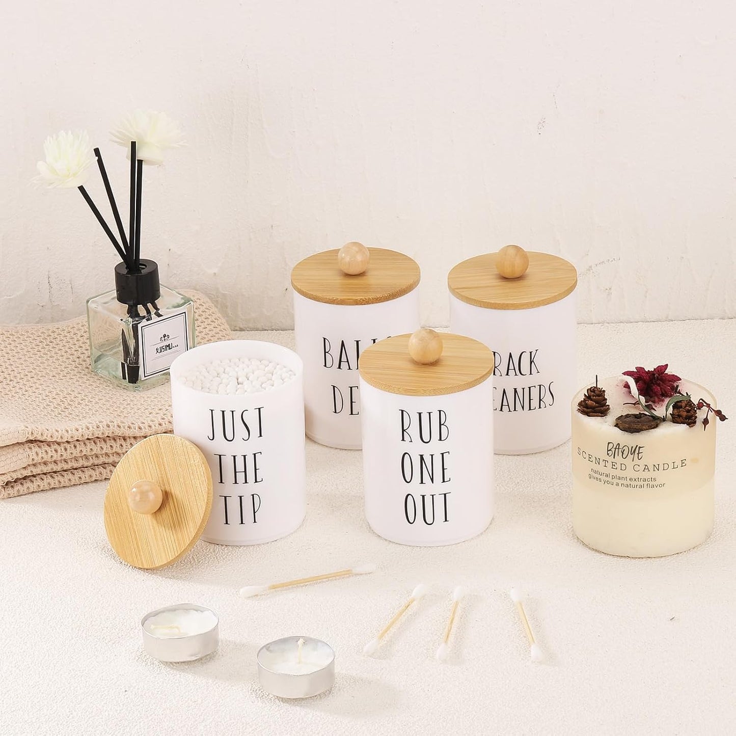 Tbestmax 4 Pack Qtip Holder Dispenser White Plastic Apothecary Jars for Bathroom Organizer, 10oz Storage Containers for Cotton Ball, Cotton Swab, Floss