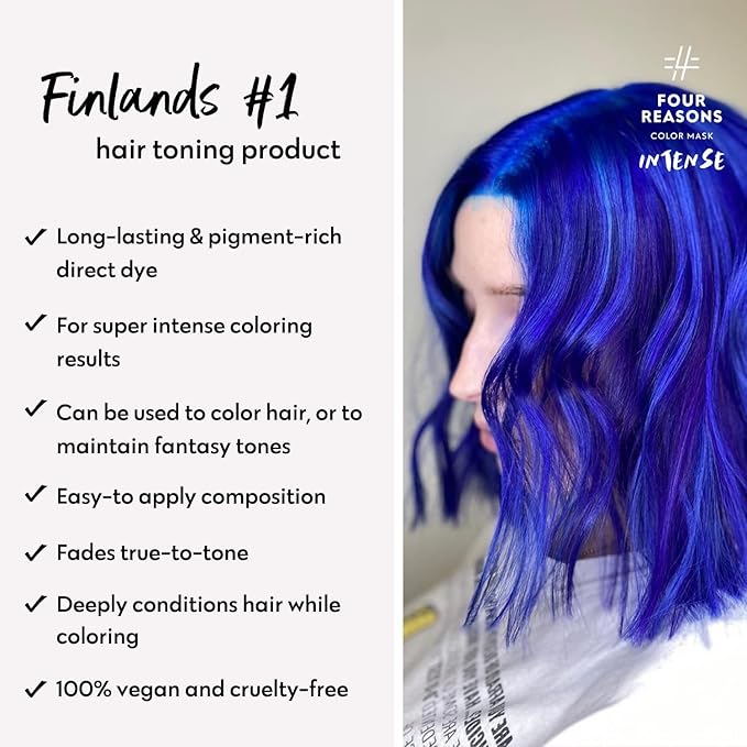 Four Reasons Color Mask INTENSE- Blue – (27 Colors) Intensive Toning Treatment - Color DepositingConditioner – Semi Permanent Hair Dye for Lightened and Colored Hair– 100% Vegan, 6.76 fl oz