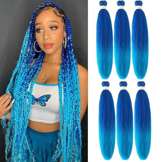 Liang Dian Pre-Stretched Braiding Hair 30 Inch 6 packs Hot Water Setting Synthetic Hair Crochet Braiding Hair Extension(Dark Blue/Light Blue)