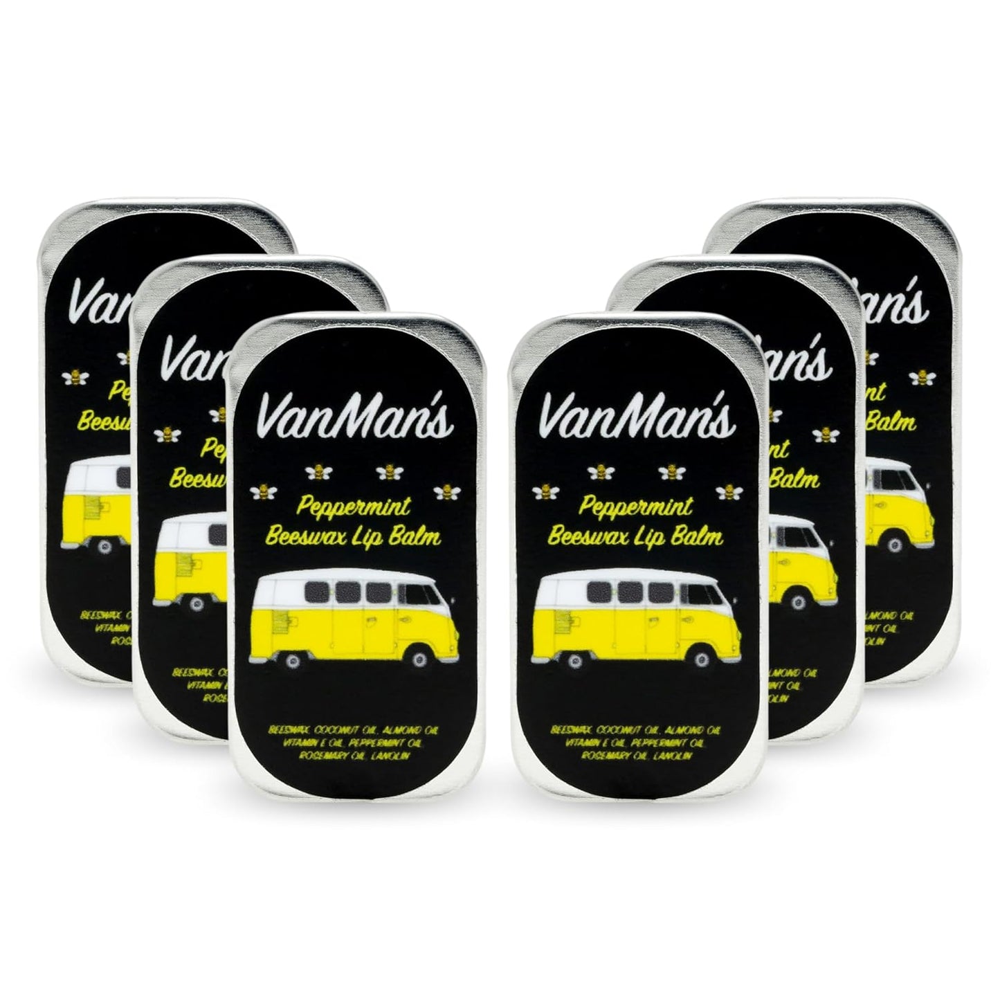 Vanman’s - Handmade Peppermint Beeswax Lip Balm (6 Pack) - Peppermint Lip Balm with Rosemary, Almond and Coconut Oil - Bee Balm with Vitamin E - Peppermint Balm Ideal for Dry Lips