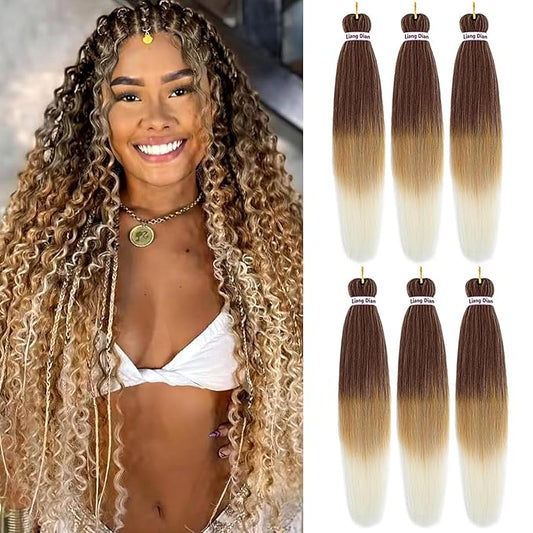 Liang Dian Pre-Stretched Braiding Hair 22 Inch 6 packs Hot Water Setting Synthetic Hair Crochet Braiding Hair Extension(4/27/613)