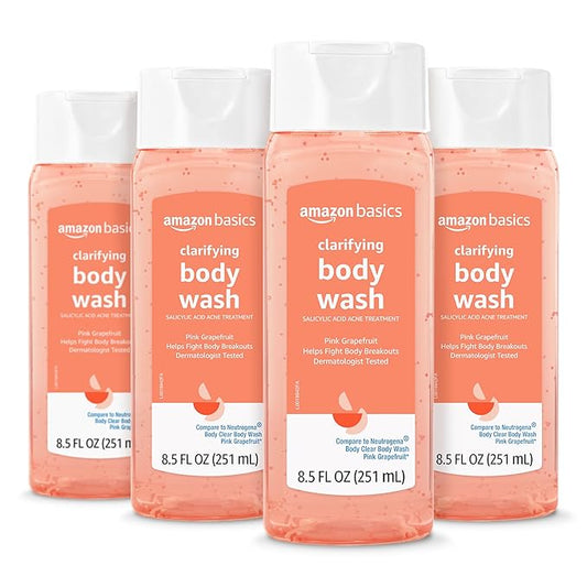 Amazon Basics Clarifying Pink Grapefruit Body Wash, 2% Salicylic Acid Acne Treatment, Dermatologist Tested, 8.5 Fl Oz (Pack of 4) (Previously Solimo)