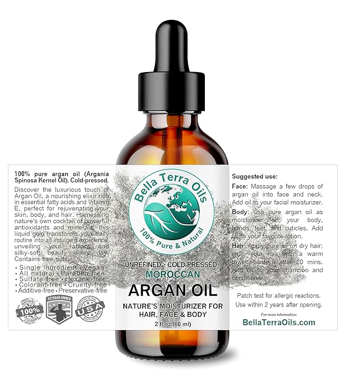 Bella Terra Oils - Argan Oil 2 oz - Cold-Pressed from Morocco, Rich in Vitamin E & Fatty Acids, Perfect Hair Oil Serum to Combat Frizz, Luxurious Face Oil