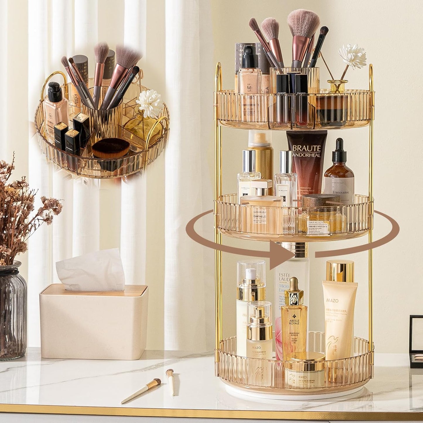 Rotating Makeup Organizer for Vanity, High-Capacity Skincare Clear Make Up Storage Perfume Organizers Cosmetic Dresser Organizer Countertop 360 Spinning (Gold, New-3 Tier)