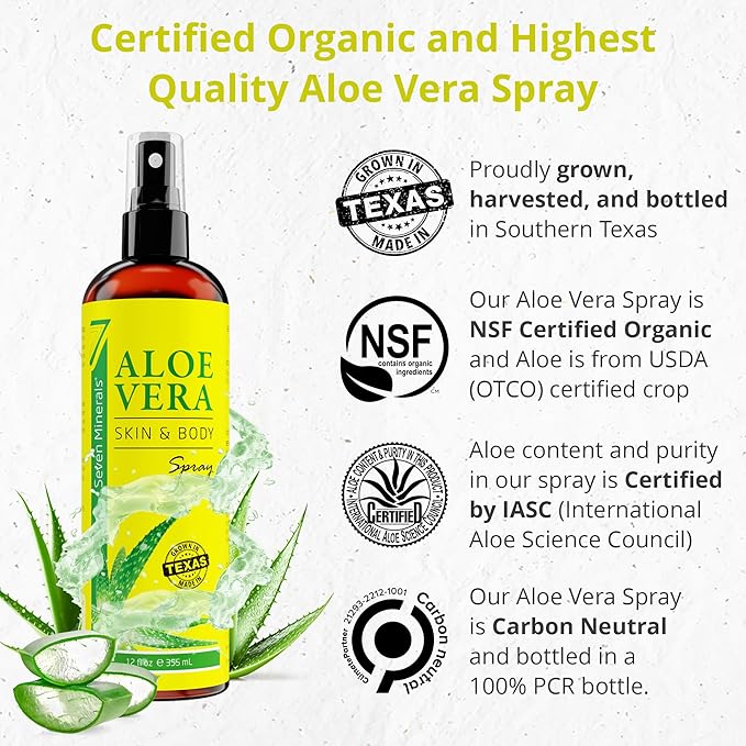 Seven Minerals, Organic Aloe Vera Spray for Body & Hair - From Freshly Cut Aloe Plant, Extra Strong, Easy to Apply, No Thickeners So It Absorbs Rapidly, No Sticky Residue - Made in USA (Big 12 fl oz)