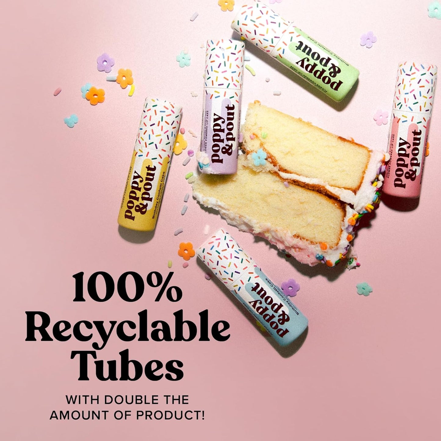 Poppy & Pout Birthday Cake Jumbo Lip Balm | All Natural Lip Balms & Moisturizers | Hydrates with Beeswax, Vitamin E, Organic Coconut Oil | Cruelty-Free | Lip Balm in Recyclable Cardboard Tube (Pink)