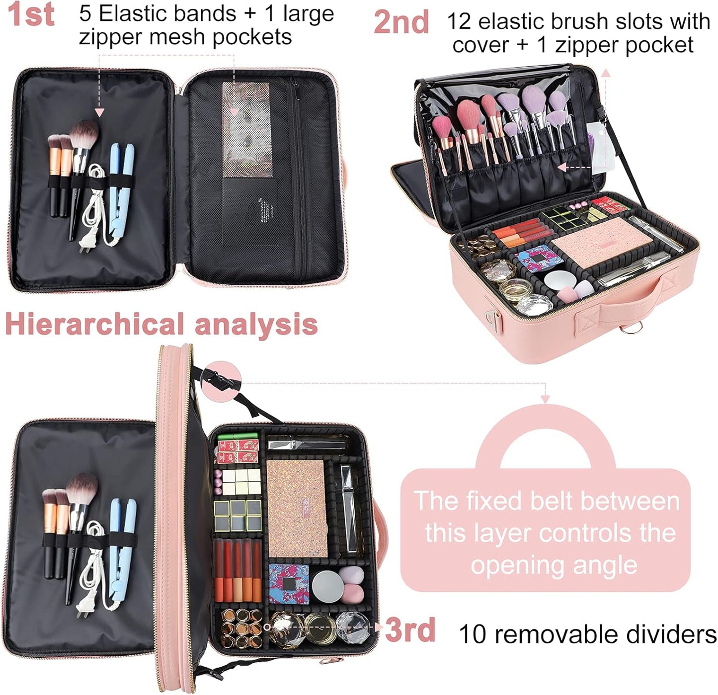 JOURMON Travel Makeup Case Portable Makeup Train Case Organizer Cosmetic Bag with Adjustable Dividers and Shoulder Strap for Makeup Brushes Toiletry Travel Accessories(Pink, L)