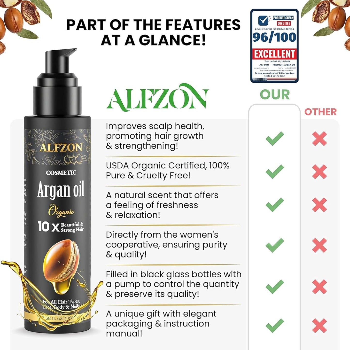 𝓐𝓛𝓕𝓩𝓞𝓝 Moroccan Argan Oil 100% Pure USDA Organic Hair Treatment, Cold Pressed For Dry, Damaged, Curly & Frizzy Hair, Skin, Face, Body & Beard Natural Anti Aging for Women & Men, Large 3.38 oz