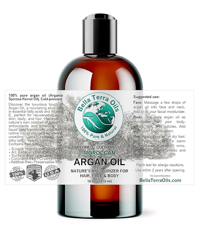 Bella Terra Oils - Argan Oil 16 oz - Cold-Pressed & Authentic, Hailing from Morocco's Argan Forests, Ideal Body & Face Oil, Keeps Frizz at Bay