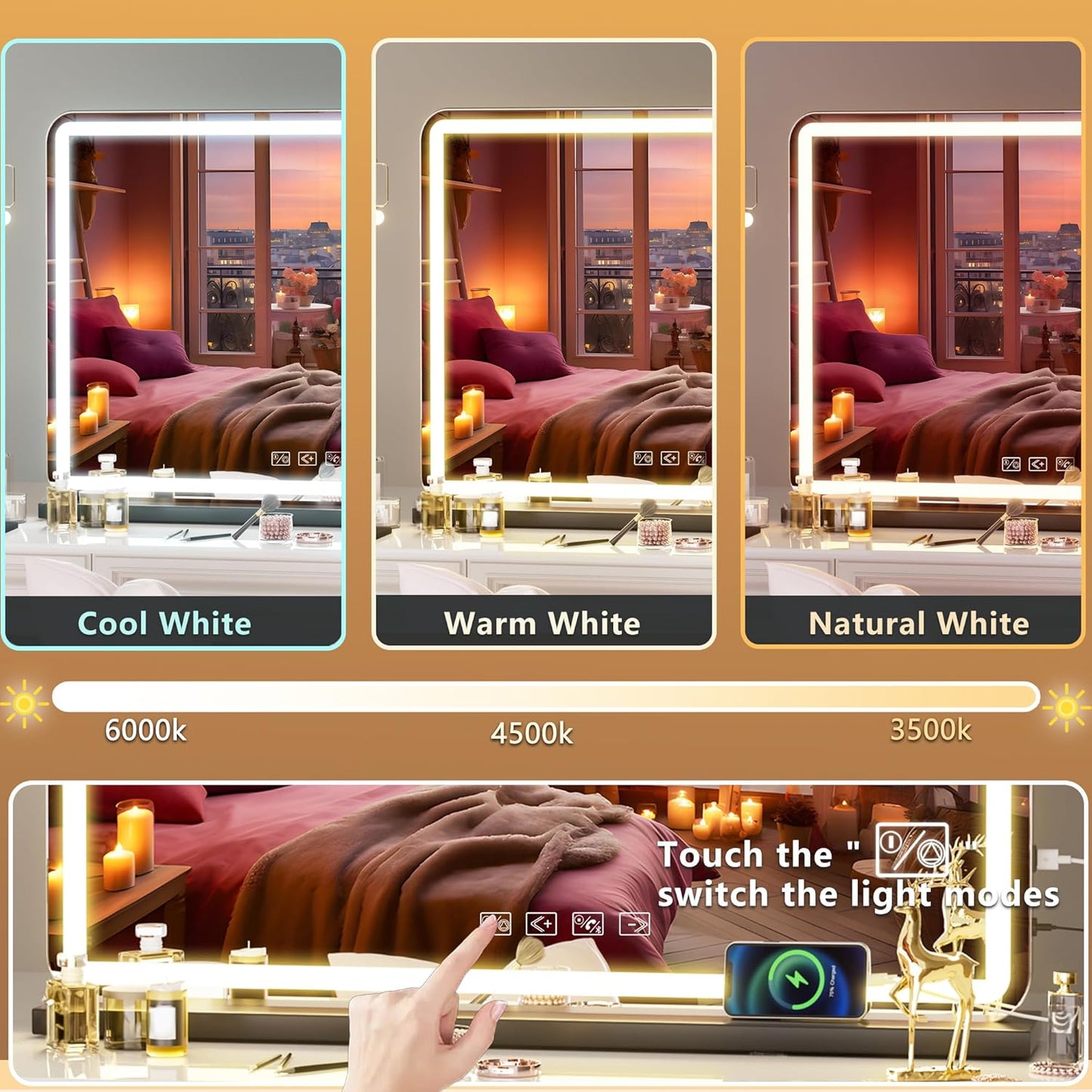 Hasipu Vanity Mirror with Lights and Bluetooth Speaker, 32" x 21.7" LED Makeup Mirror, Lighted Makeup Mirror with Dimmable 3 Modes, USB Charging Port, Round Black