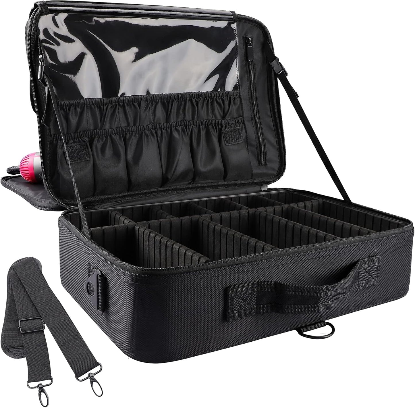 JOURMON Travel Makeup Case Portable Makeup Train Case Organizer Cosmetic Bag with Adjustable Dividers and Shoulder Strap for Makeup Brushes Toiletry Travel Accessories(Pure Black, L)