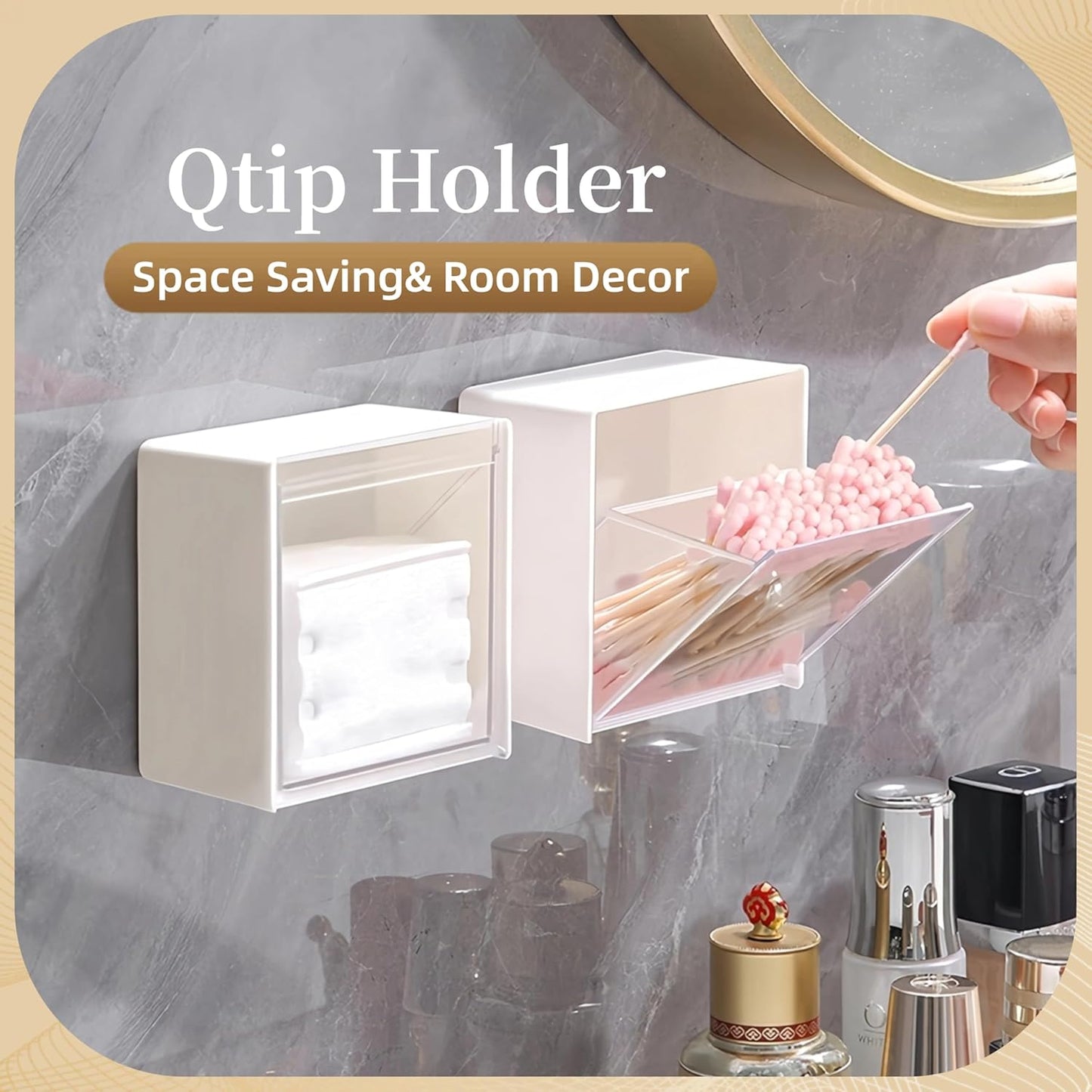 Qtip Holder Wall Mount for Cotton Swabs, Balls, Pads, Hair Ties,Floss Picks- Small Plastic Bathroom Wall Organizers and Storage Set,Bedside Shelf,Home Decor,Dorm Room Essentials (2)