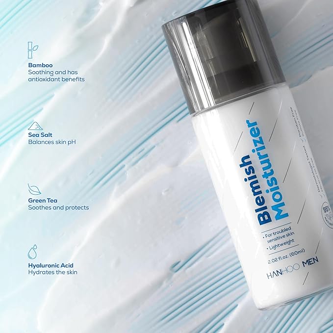 Hanhoo Men’s Blemish Moisturizer, 2.02 Fl. Oz., with Bamboo, Hyaluronic Acid, and Green Tea, Non-greasy Daily Facial Moisturizer, Post-Shave Care, For Acne-Prone Skin, Korean Skincare