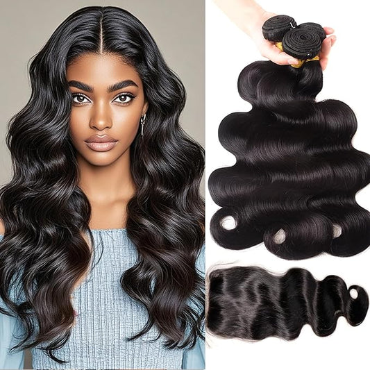 Body Wave Bundles with Closure Human Hair 18 20 22+18 Inch, 100% Unprocessed 12A Brazilian Virgin Human Hair Bundles with 4x4 Transparent Lace Closure Free Part Pre-plucked