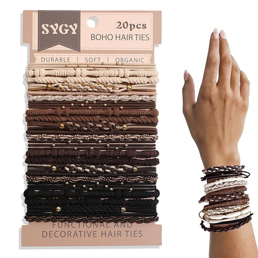 20 PCS Boho Hair Ties, Bracelets Hair Ties for Thick or Thin Hair, 5 Styles Boho Ties for Ponytail Holders, 2.36’’ Hair Ties No-Damage, Neutral Color
