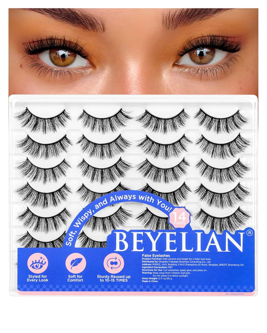 BEYELIAN False Eyelashes 14 Pairs Eye Lashes 10-15mm Strip Lash pack Soft 3D Volume Faux Mink Lashes That Look Like Extensions C200