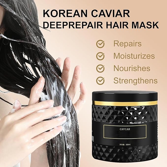 Caviar Deep Korean Hair Mask, Deep Repair Hair Mask Extract & Keratin – Intensive Moisturizing & Nourishing Treatment for Dry, Damaged, and Frizzy Hair 16.9 fl. oz