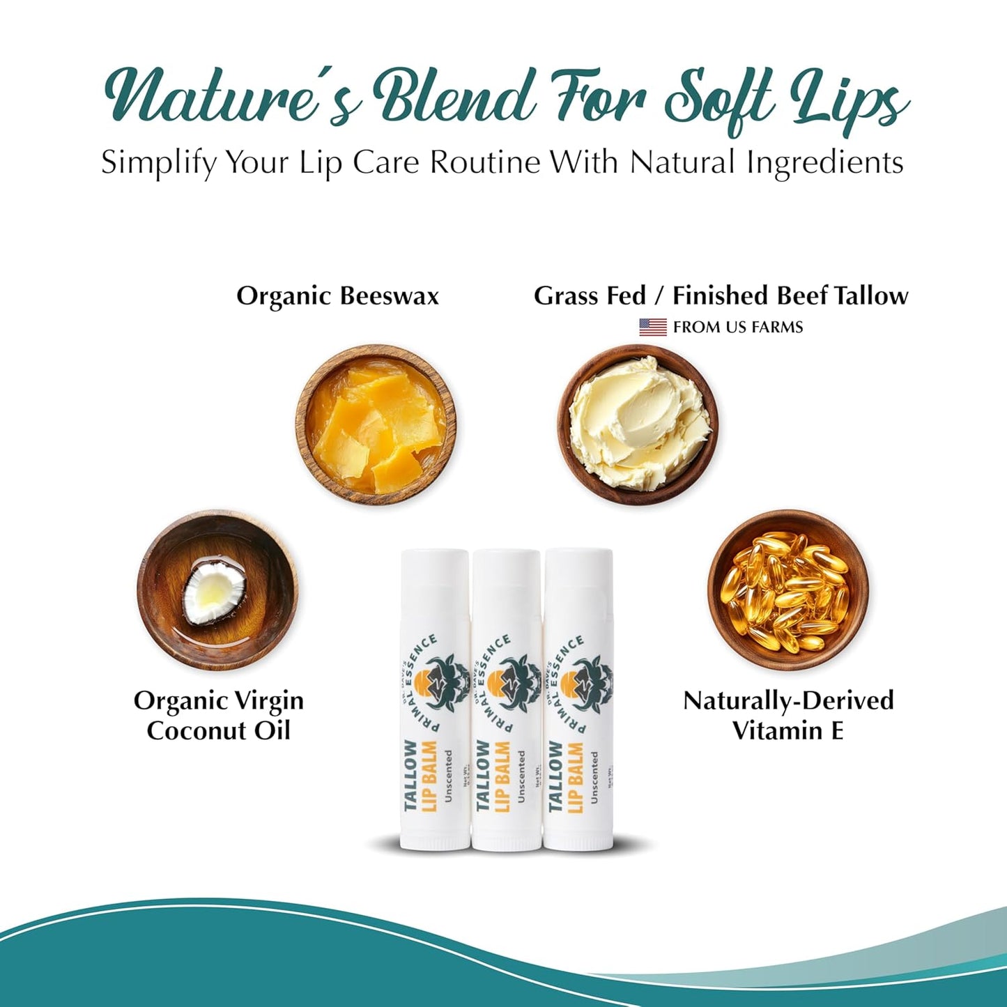 Moisturizing Tallow Lip Balm – Grass-Fed Beef Tallow with Organic Coconut Oil, Beeswax, and Vitamin E – Unscented Lip Balm Set – Travel Essential - 3-Pack