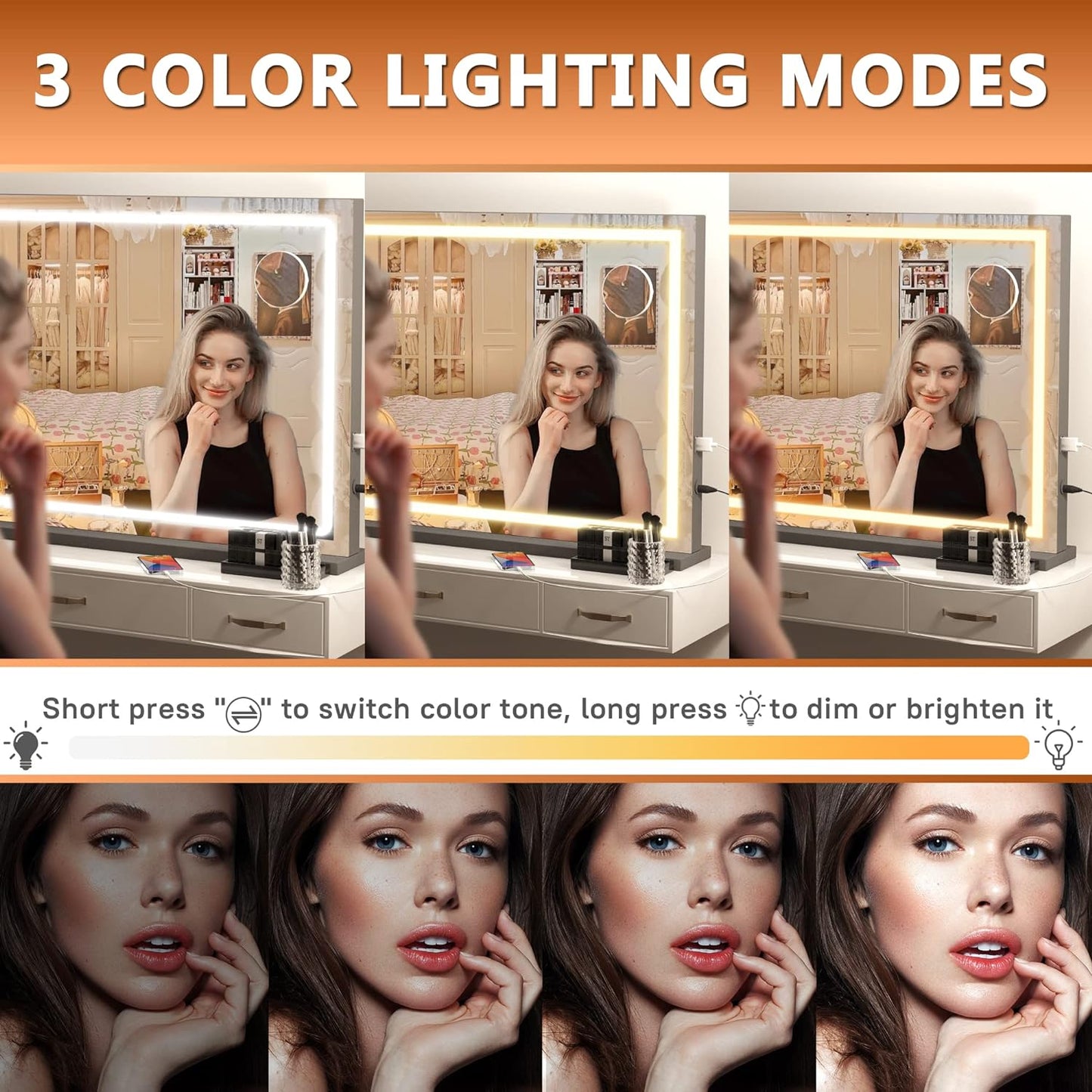 Hasipu Vanity Mirror with Lights, 32" x 22" LED Makeup Mirror, Lighted Makeup Mirror with Dimmable 3 Modes, Touch Screen Control Vanity Mirror Square Black