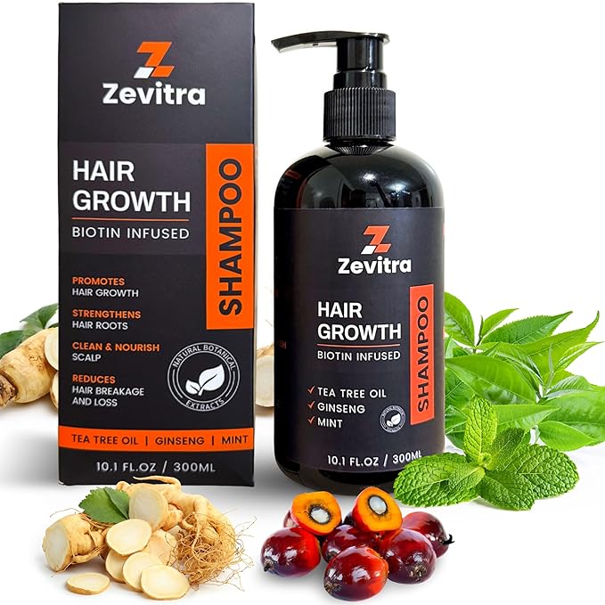 Hair Growth Shampoo - Biotin Infused Natural Botanical Formula with Tea Tree Oil, Ginseng & Mint for Stronger Hair and Healthy Scalp - 10.1 FL.OZ / 300ML