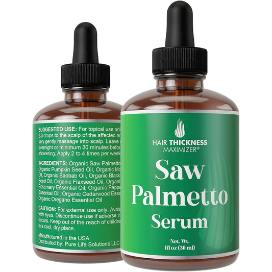 Saw Palmetto Serum for Hair Growth: Rosemary, Peppermint, Pumpkin Seed Oils. Vegan Thickening, Moisturizing, Strengthening Treatment for Women, Men - Weak, Dry, Frizzy Hair - 1oz