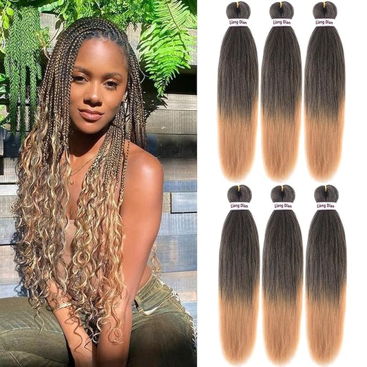 Liang Dian Pre-Stretched Braiding Hair 22 inch 6 packs Hot Water Setting Synthetic Hair Crochet Braiding Hair Extension(1B/27)