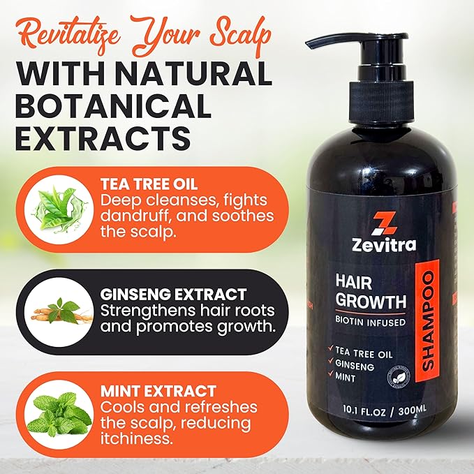 Hair Growth Shampoo - Biotin Infused Natural Botanical Formula with Tea Tree Oil, Ginseng & Mint for Stronger Hair and Healthy Scalp - 10.1 FL.OZ / 300ML