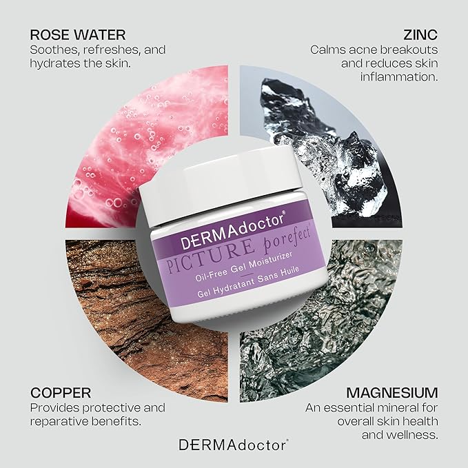 DERMAdoctor Picture Porefect Dermatologist Formulated Oil Free Facial Moisturizer, Pore Minimizer for Acne or Oily Skin, Daily Face Lotion for Men & Women with Zinc & Copper Peptides - 1.69 oz