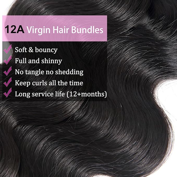 Body Wave Bundles with Closure Human Hair 18 20 22+18 Inch, 100% Unprocessed 12A Brazilian Virgin Human Hair Bundles with 4x4 Transparent Lace Closure Free Part Pre-plucked
