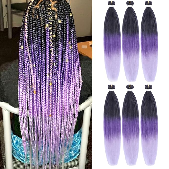 Liang Dian Pre-Stretched Braiding Hair 36 Inch 6 packs Hot Water Setting Synthetic Hair Crochet Braiding Hair Extension(Mixed black/Dark Purple/Light Purple)