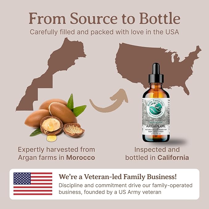 Bella Terra Oils - Argan Oil 2 oz - Cold-Pressed from Morocco, Rich in Vitamin E & Fatty Acids, Perfect Hair Oil Serum to Combat Frizz, Luxurious Face Oil