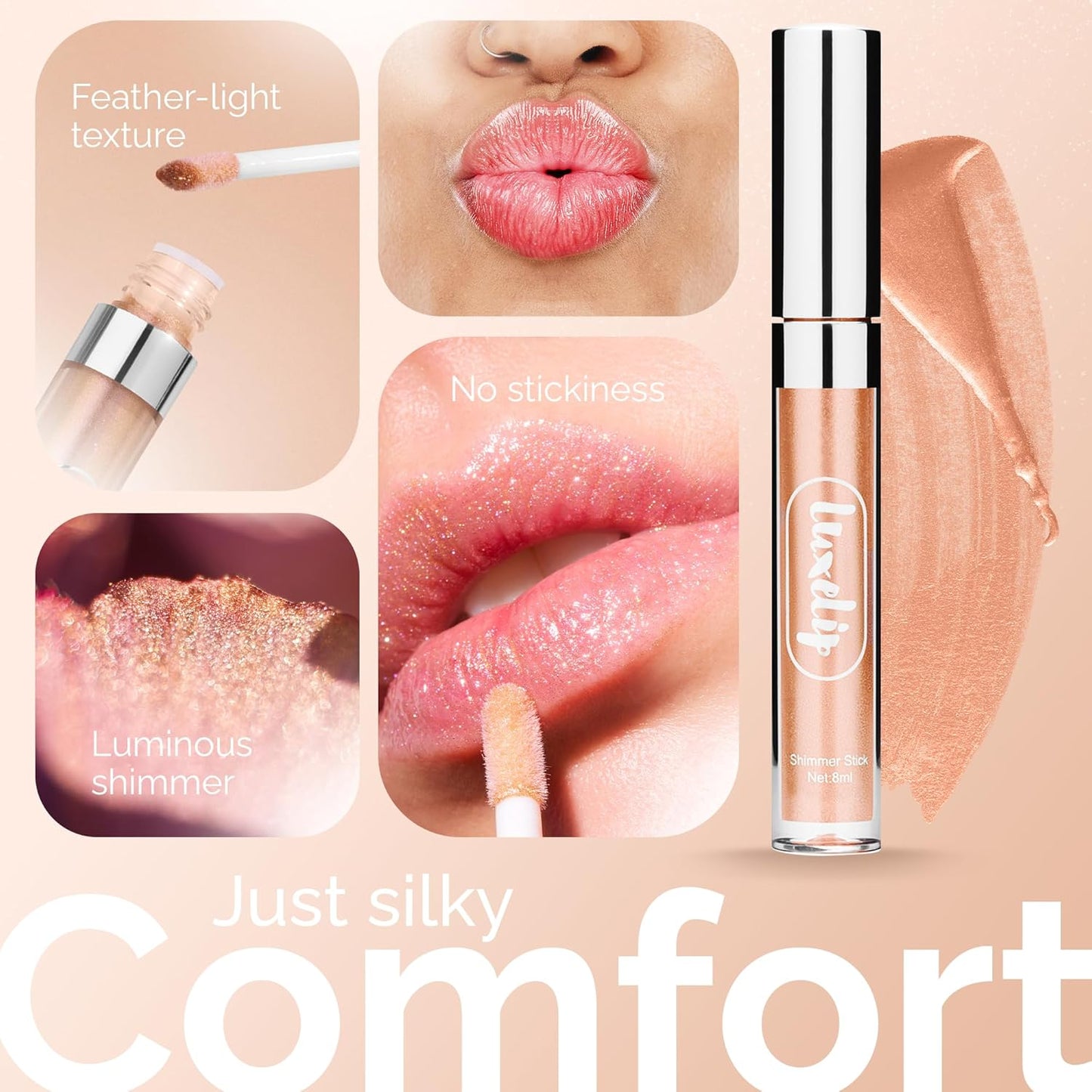 LuxeLip™ Matte Lipstick, Hydrating Non-Sticky Lip Gloss for Luminous Shine & Moisturized Lips, Lightweight, Long-Lasting Glossy Finish, Cruelty-Free Lip Makeup for Women (Champagne Frost, 8ml)