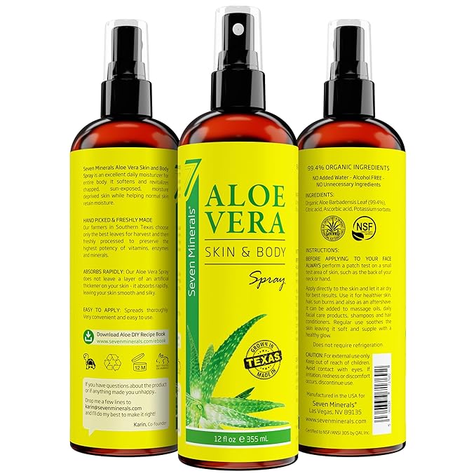 Seven Minerals, Organic Aloe Vera Spray for Body & Hair - From Freshly Cut Aloe Plant, Extra Strong, Easy to Apply, No Thickeners So It Absorbs Rapidly, No Sticky Residue - Made in USA (Big 12 fl oz)