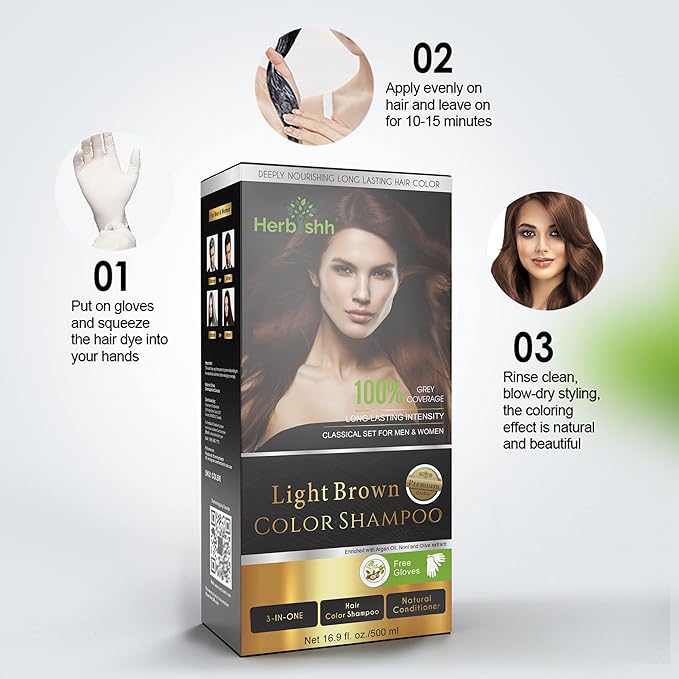 Herbishh 3-In-1 Magic Hair Dye Shampoo for Gray Hair - Light Brown, 500 Ml, Ammonia-Free, Long Lasting, Colors Hair in Minutes,Unisex
