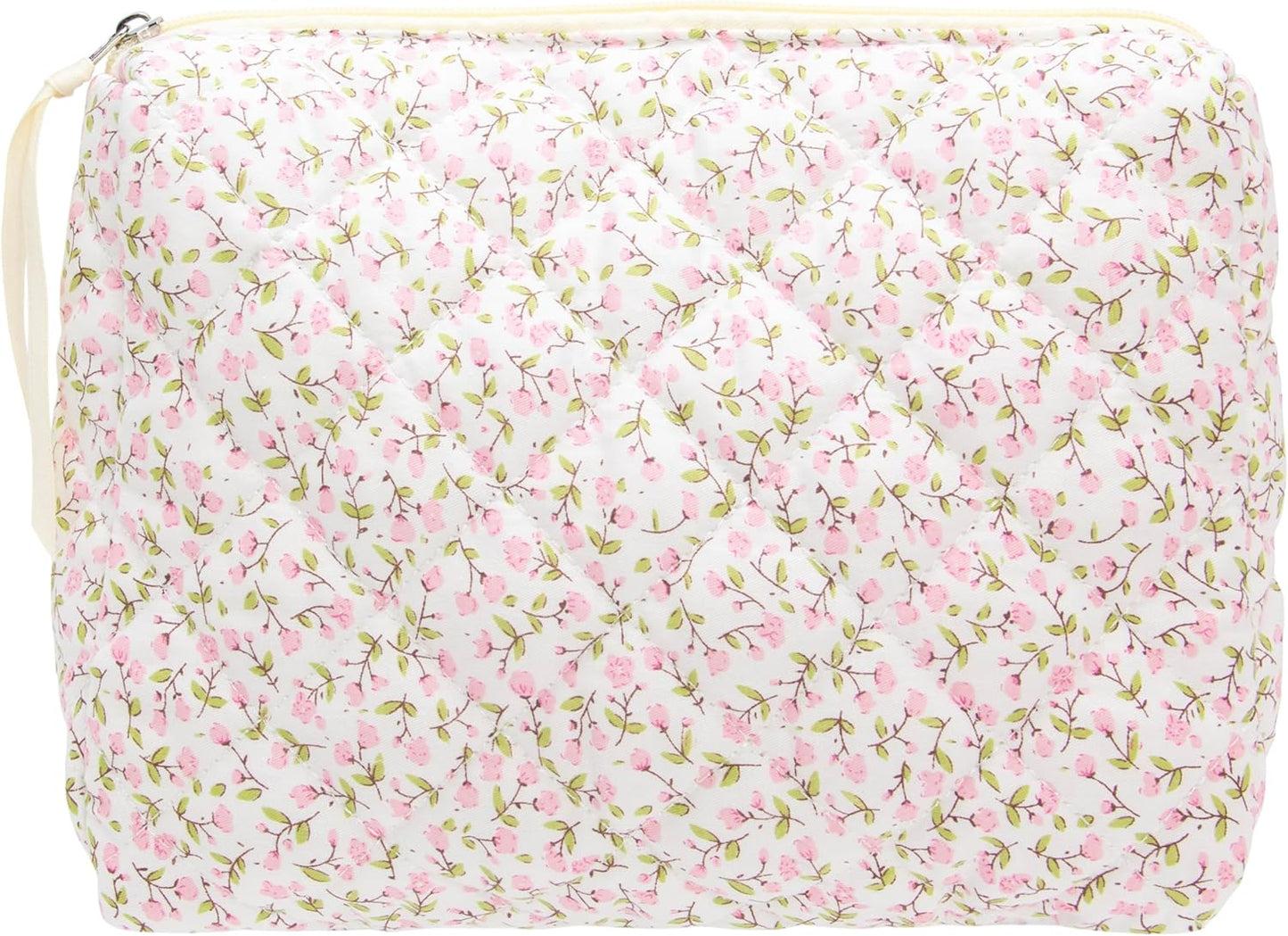 Quilted Makeup Bag Large Travel Zipper Soft Cosmetic Pouch for Women Girls Make Up,Floral Pink