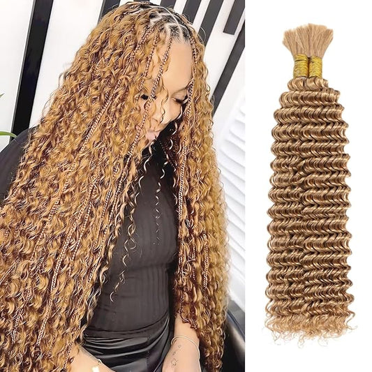 #27 Honey Blonde Human Braiding Hair for Boho Braids 2 Bundles 20 Inch 100g Deep Wave Braiding Hair for Bohemian Knotless Braids 100% Unprocessed Virgin Bulk Hair Extensions No Weft