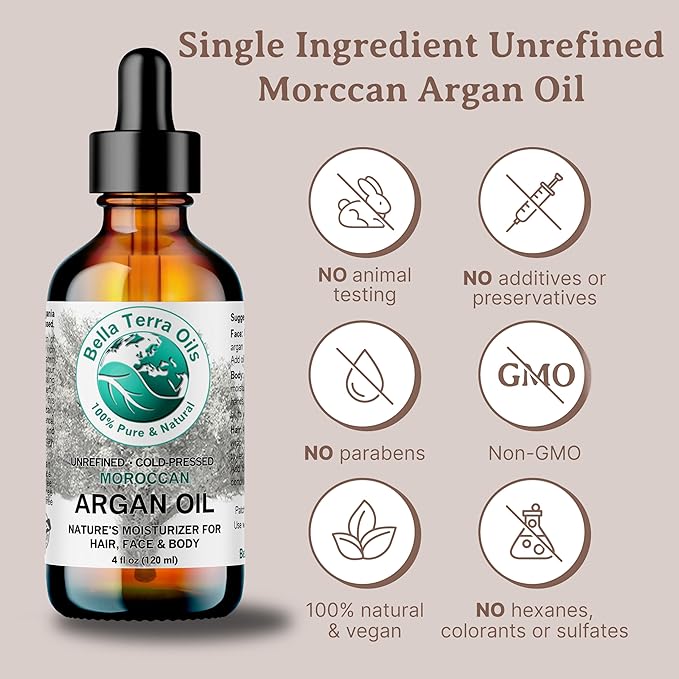 Bella Terra Oils - Argan Oil 2 oz - Cold-Pressed from Morocco, Rich in Vitamin E & Fatty Acids, Perfect Hair Oil Serum to Combat Frizz, Luxurious Face Oil