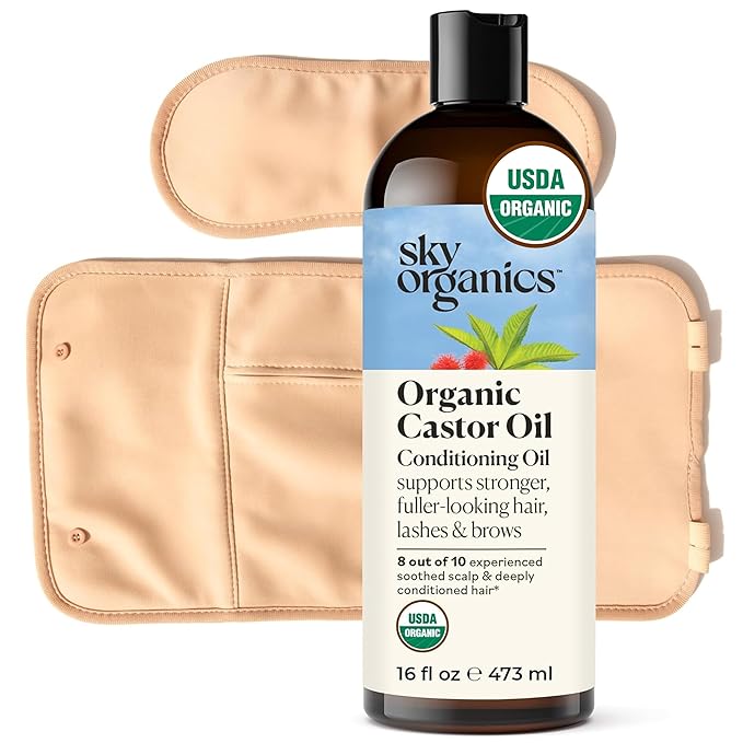 Sky Organics 16oz Castor Oil w/Wraps | Reusable Organic Castor Oil Pack to Boost Body's Wellness, Encourage Rest & Relaxation | Adjustable Elastic Straps Cotton Durable Easy to Use