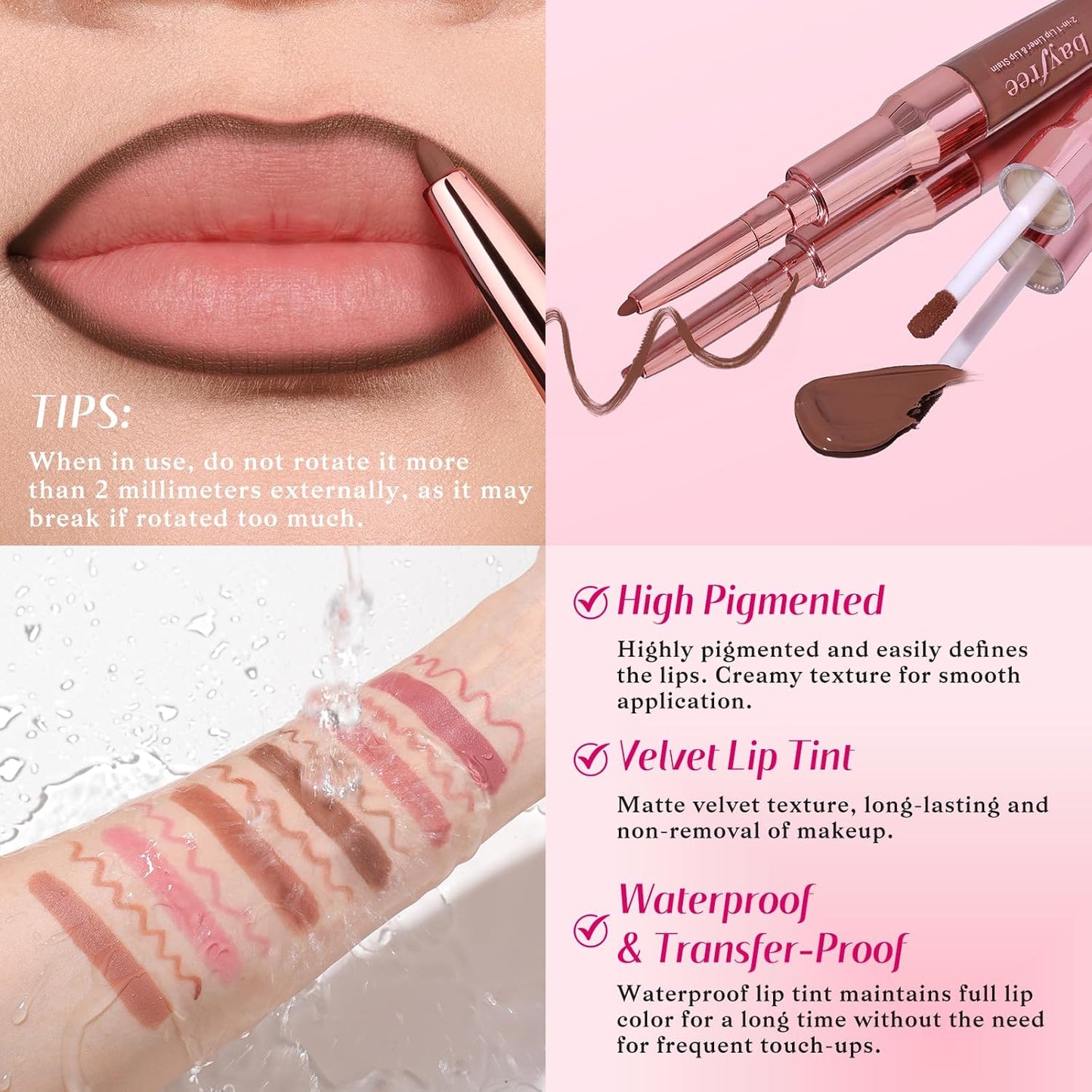 2-IN-1 Lip Liner and Lip Stain, High Pigmented Long Lasting Velvet Lip Tint, Well-Defined Lipliner, Weightless Waterproof Not Animal Tested, Matte Finish Makeup