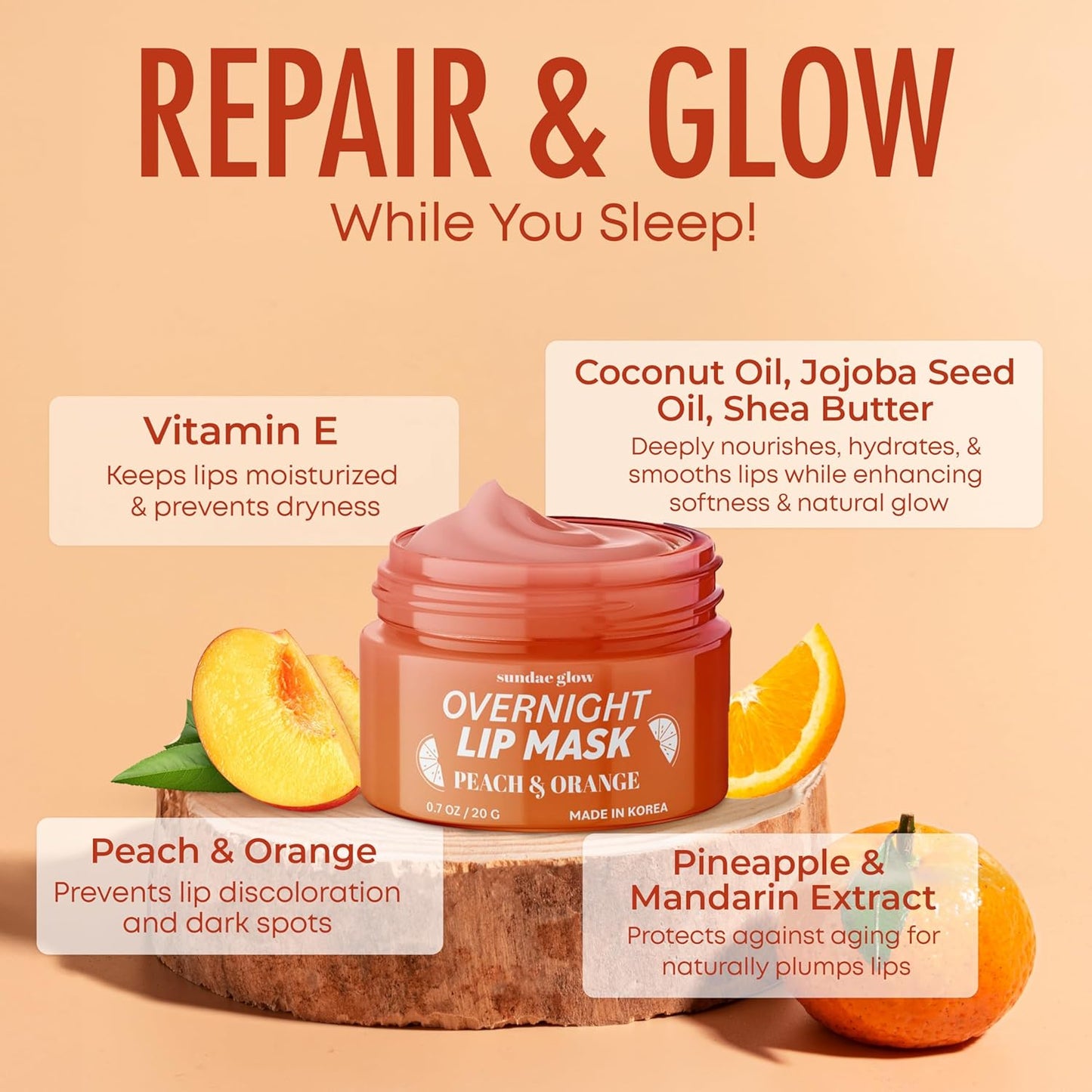 Peach & Orange Lip Mask - Dermatologist Tested, Anti-Aging, Korean Skin Care, Deep Hydration, Overnight Lip Repair - Vegan, Clean Beauty, 95% Natural, Cruelty-Free - 1 Pack