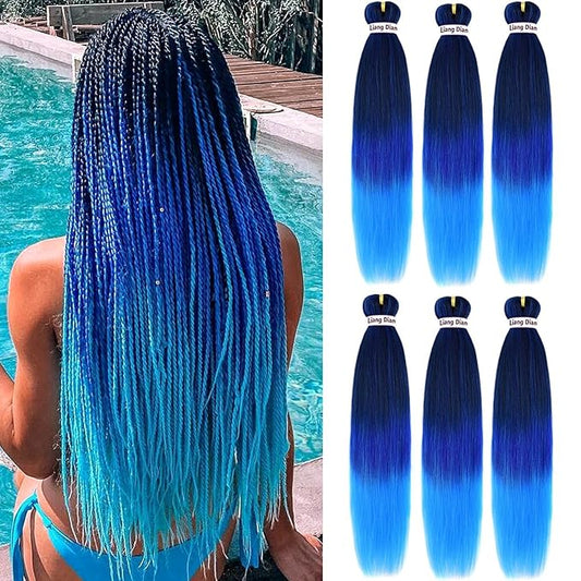 Liang Dian Pre-Stretched Braiding Hair 36 Inch 6 packs Hot Water Setting Synthetic Hair Crochet Braiding Hair Extension(Mixed black/Dark Blue/Light Blue)