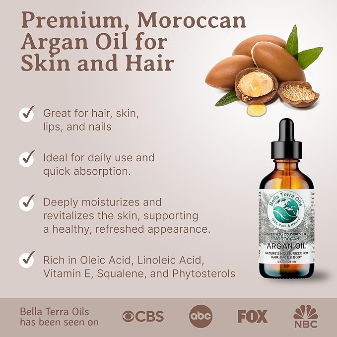 Bella Terra Oils - Argan Oil 16 oz - Cold-Pressed & Authentic, Hailing from Morocco's Argan Forests, Ideal Body & Face Oil, Keeps Frizz at Bay
