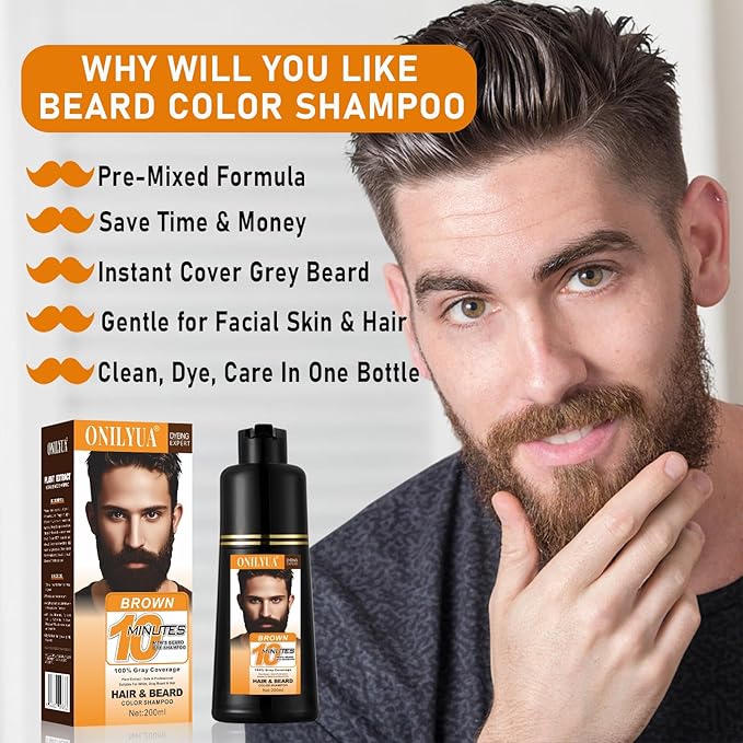 Men’s Brown Beard Dye for Men, 3 in 1 Dark Brown Hair Dye Shampoo for Grey Facial Hair Coverage, 10 Mins Instant Color for Beard, Mustache & Hair, Long-Lasting Beard Color With Natural Extract, 200ML