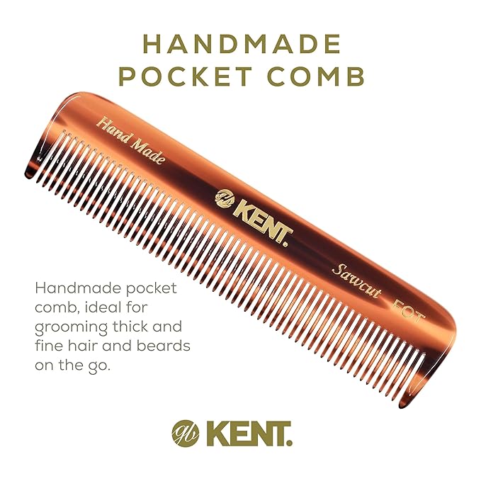 Kent FOT Handmade Fine Tooth Saw Cut Beard and Hair Comb - Pocket Travel Styling Comb for Fine or Thinning Hair, Beard Care Essential Kit
