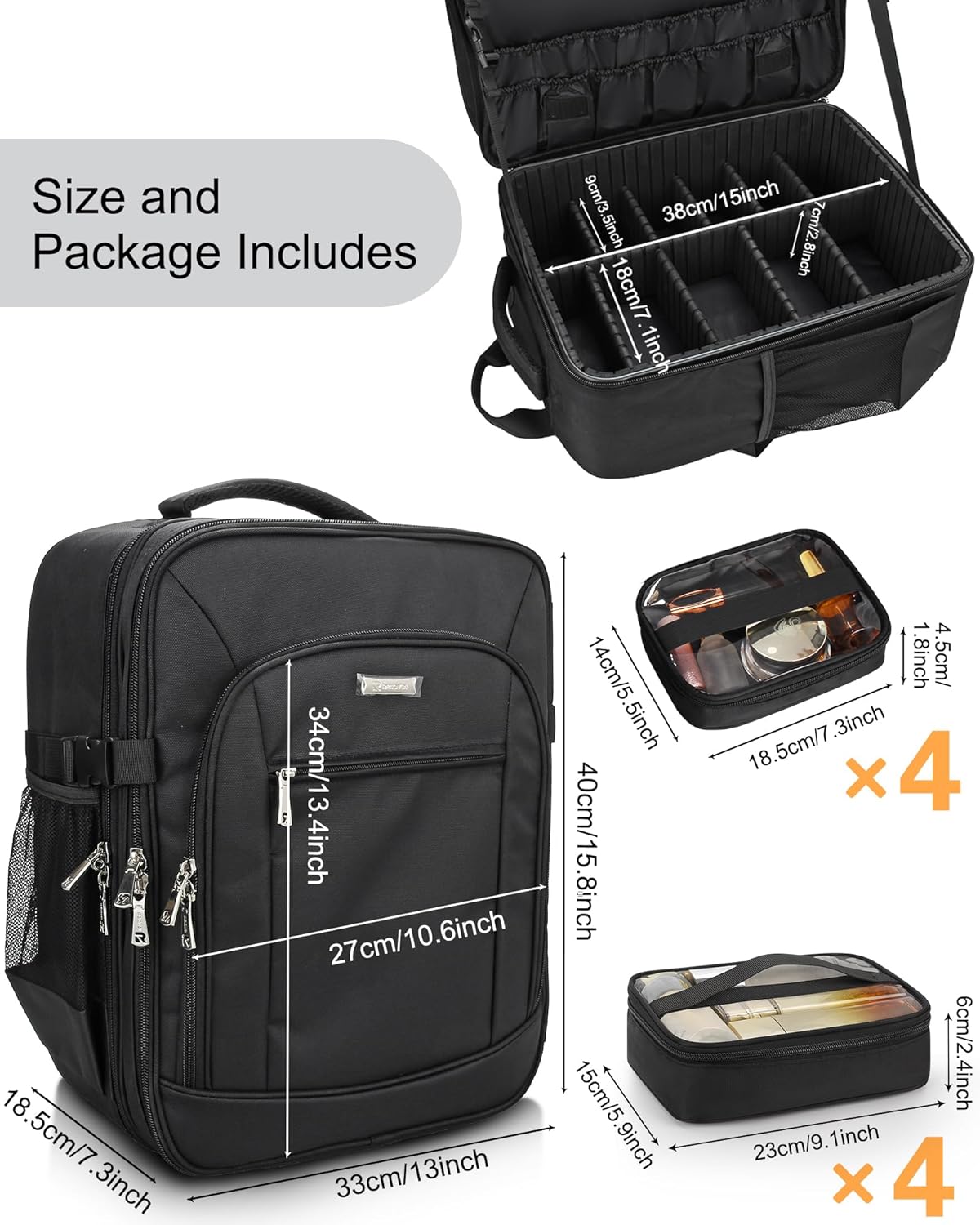 Makeup Backpack Professional Cosmetic Artist Bag Extra Large Travel Train Case Storage Organizer Double-Layer Cosmetic Case with 8 Pouch &Adjustable Divider (Black)
