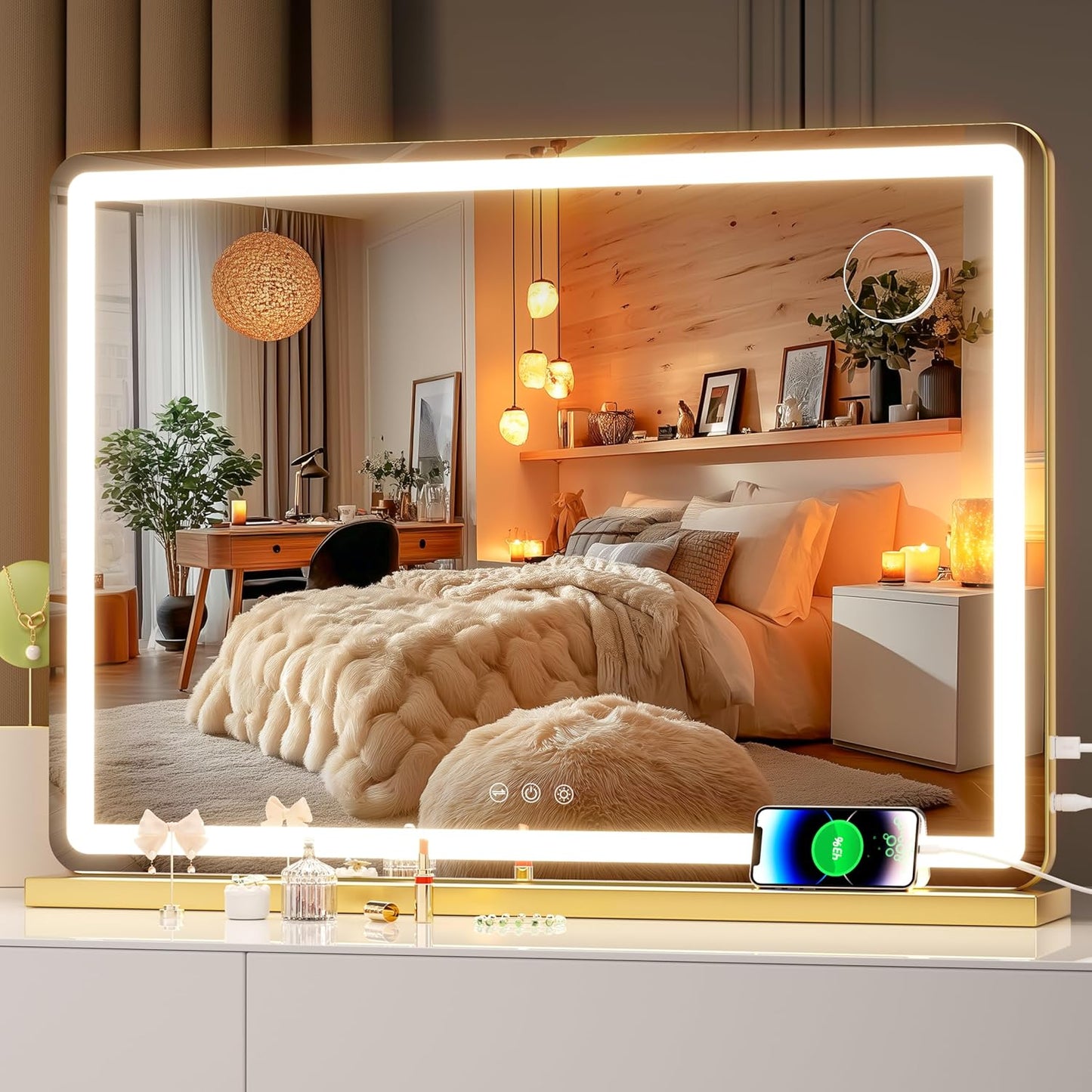 Hasipu Vanity Mirror with Lights, 27.6" x 20" LED Makeup Mirror, Lighted Makeup Mirror with Dimmable 3 Modes, Touch Screen Control Vanity Mirror Round Gold